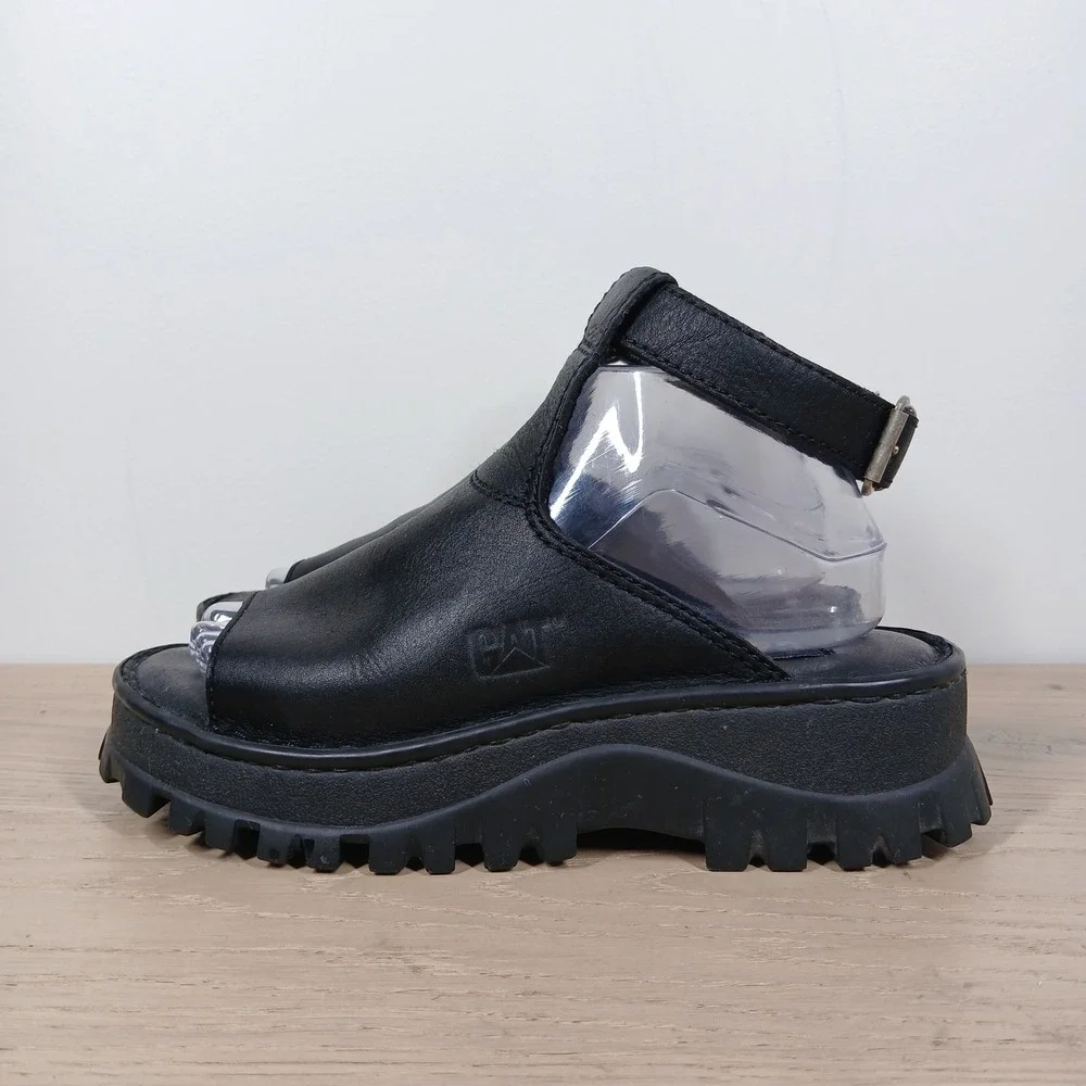 RARE Caterpillar CAT Y2K Black Leather Platform Sandals Women 8 Lug Ankle Strap